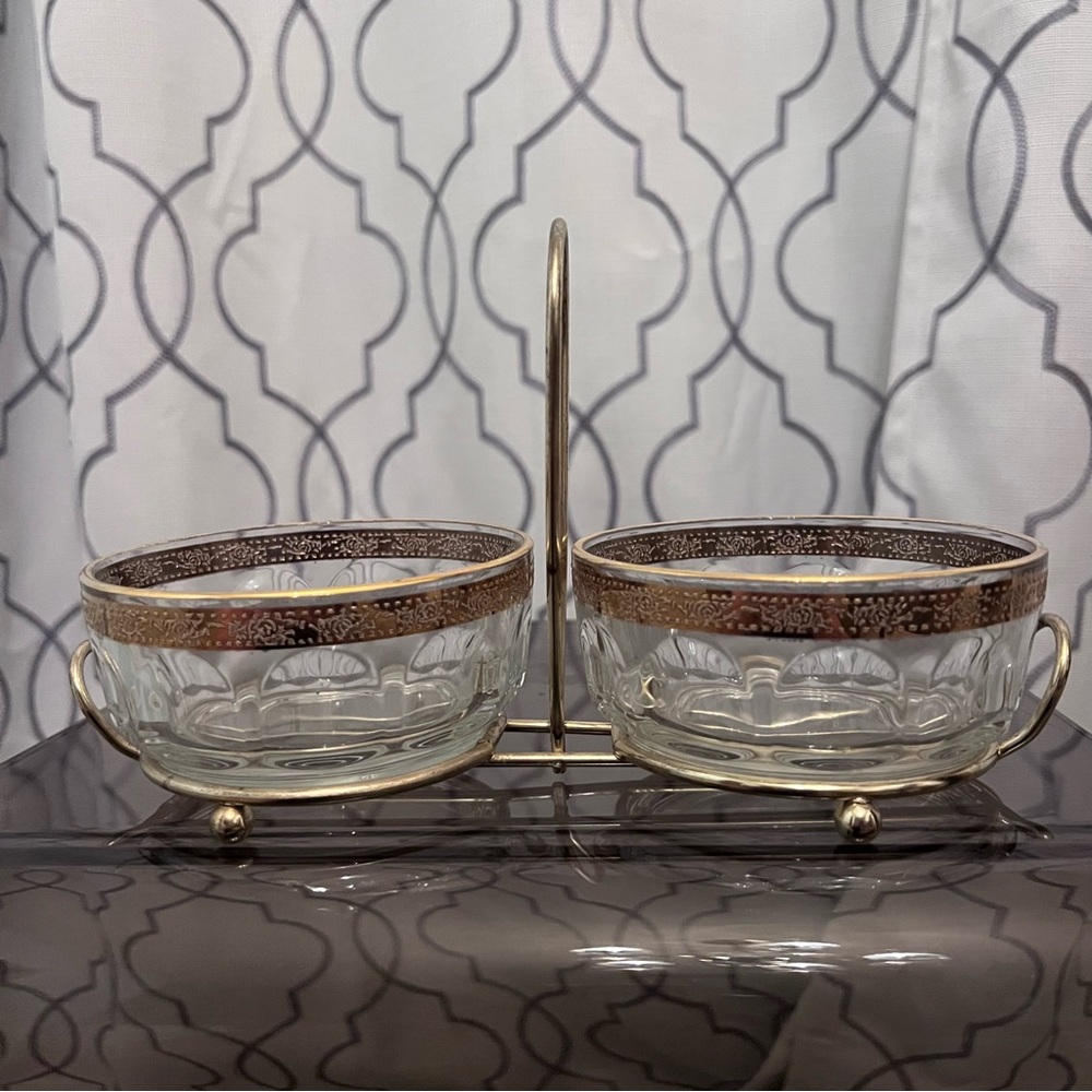 Mid Century 2 Gold-Rim Glass Bowls w/ Caddy